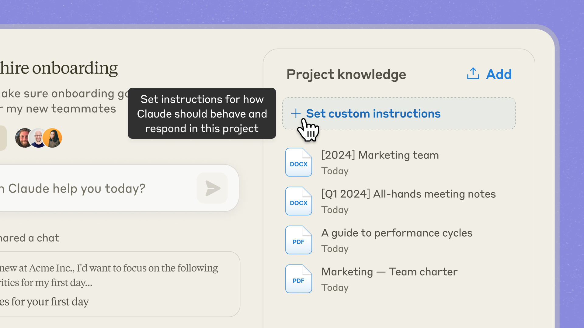 Project 的 Custom Instructions 编辑界面